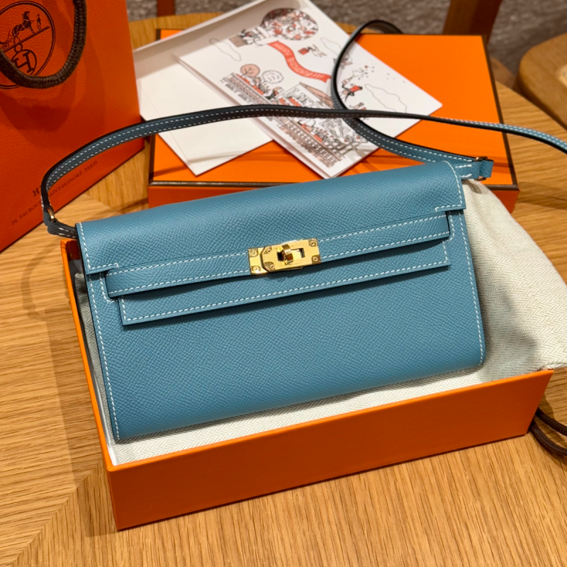 Hermes Kelly to go Brieftasche mit Schultergurt-Blue Jean